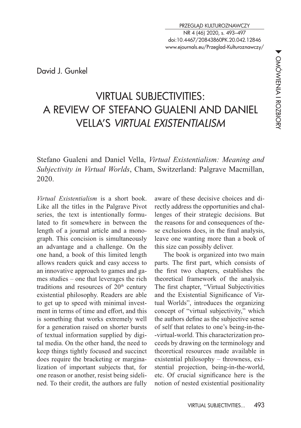 A Review of Stefano Gualeni and Daniel Vella's Virtual Existentialism