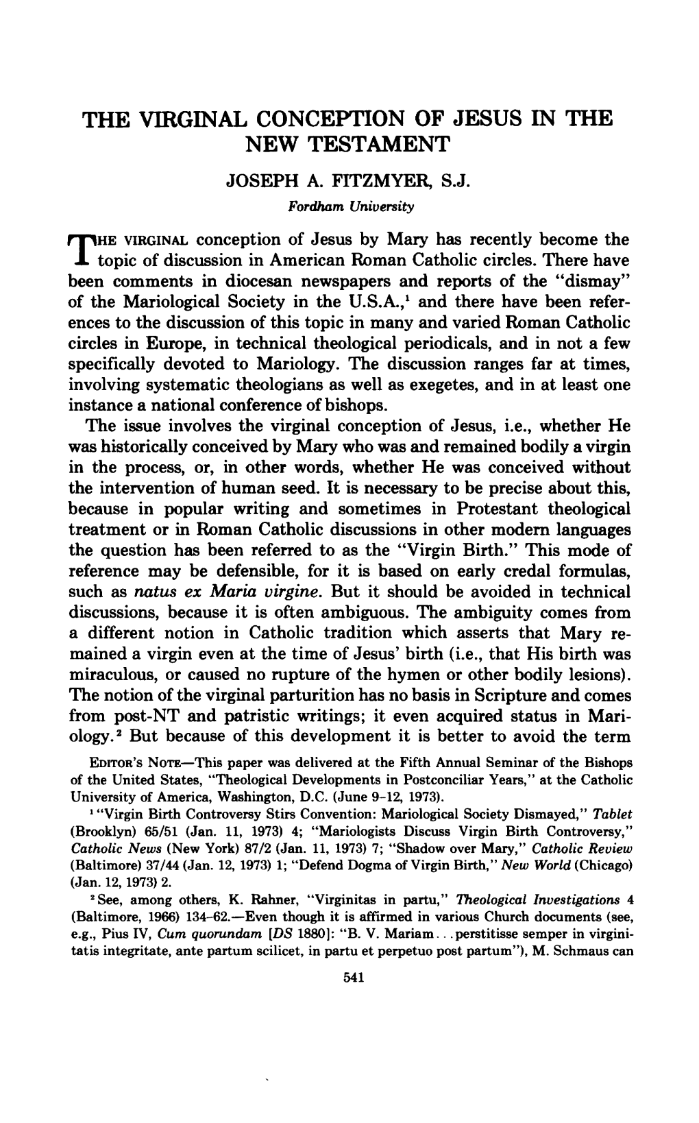 The Virginal Conception of Jesus in the New Testament Joseph A