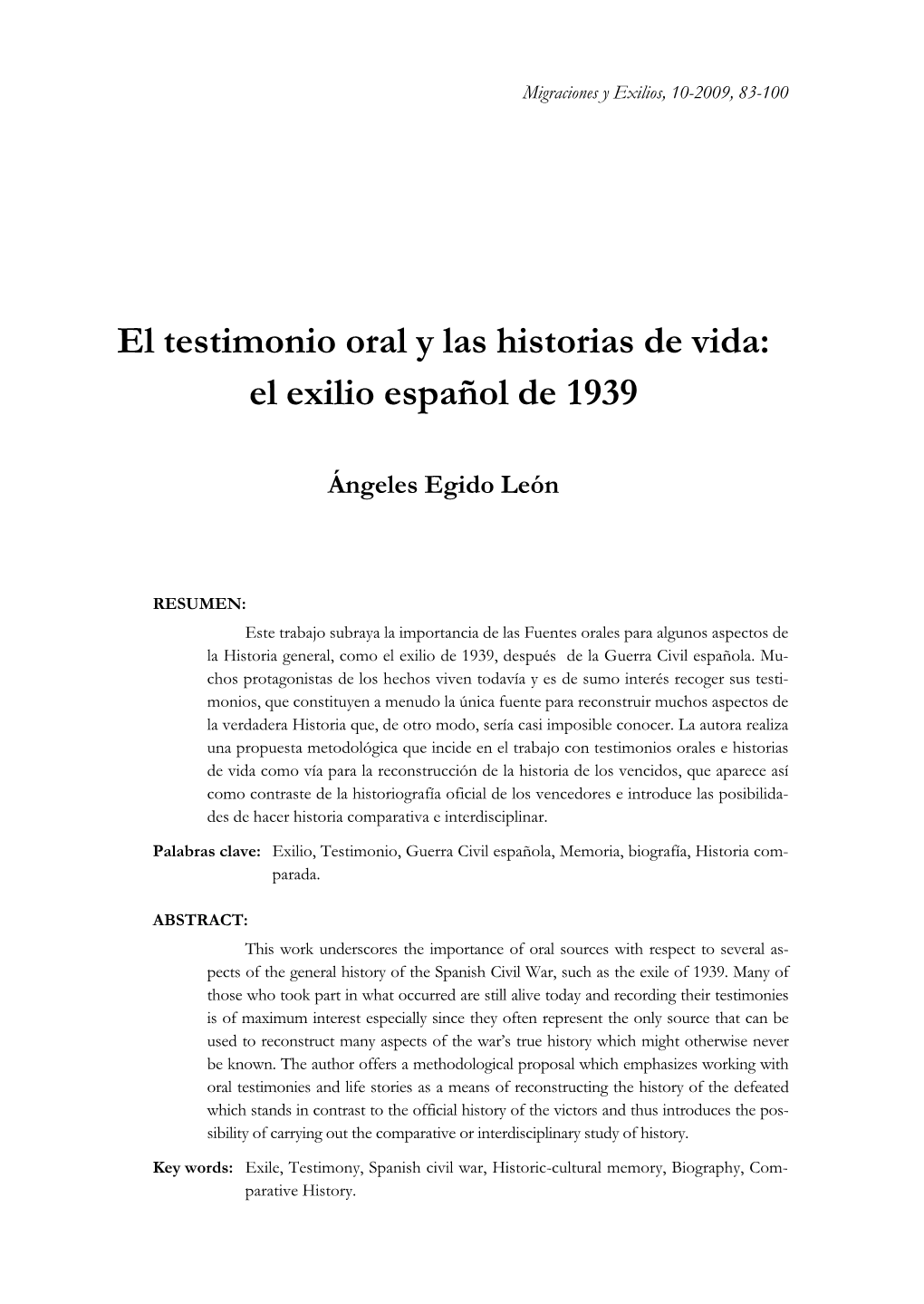 El Testimonio Oral Y Las Historias De Vida: El Exilio Español De 1939