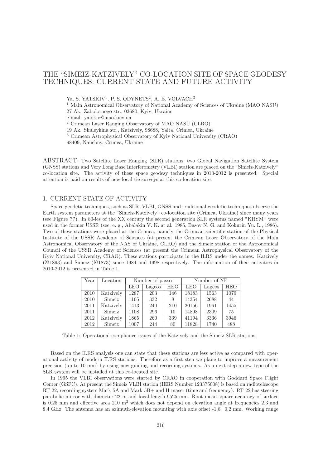 Simeiz-Katzively” Co-Location Site of Space Geodesy Techniques: Current State and Future Activity