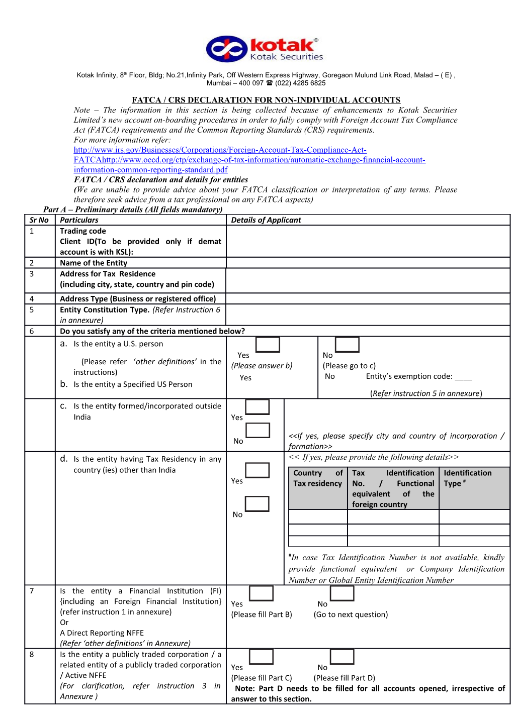 Fatca / Crs Declaration for Non-Individual Accounts