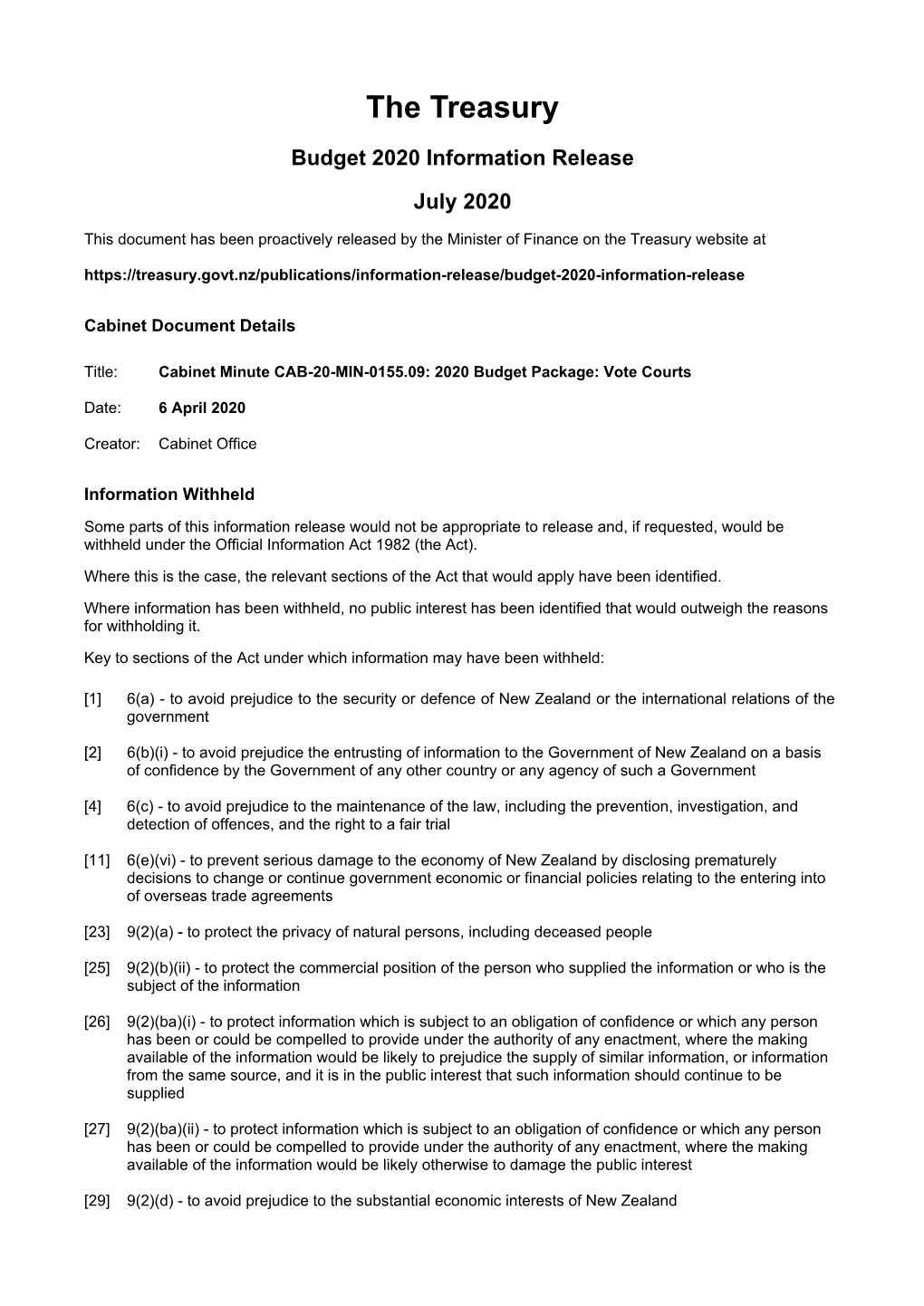 Cabinet Minute CAB-20-MIN-0155.09: 2020 Budget Package: Vote Courts