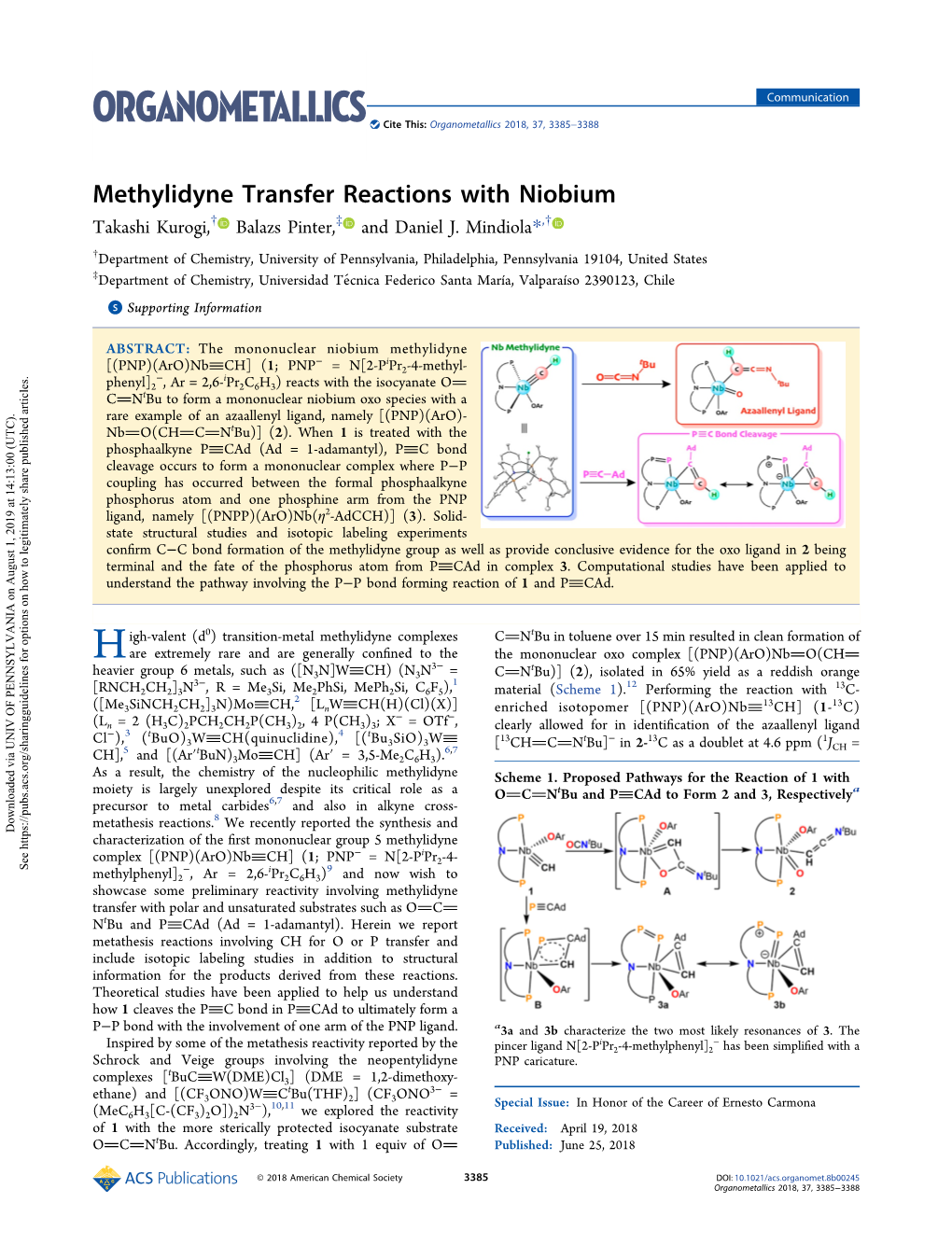 Methylidyne Transfer Reactions with Niobium † ‡ † Takashi Kurogi, Balazs Pinter, and Daniel J