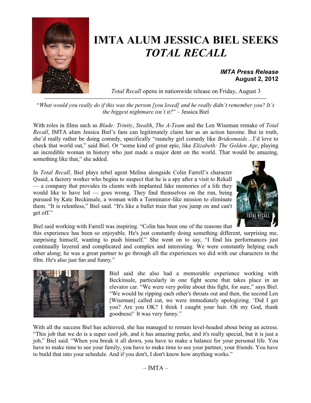 Imta Alum Jessica Biel Seeks Total Recall