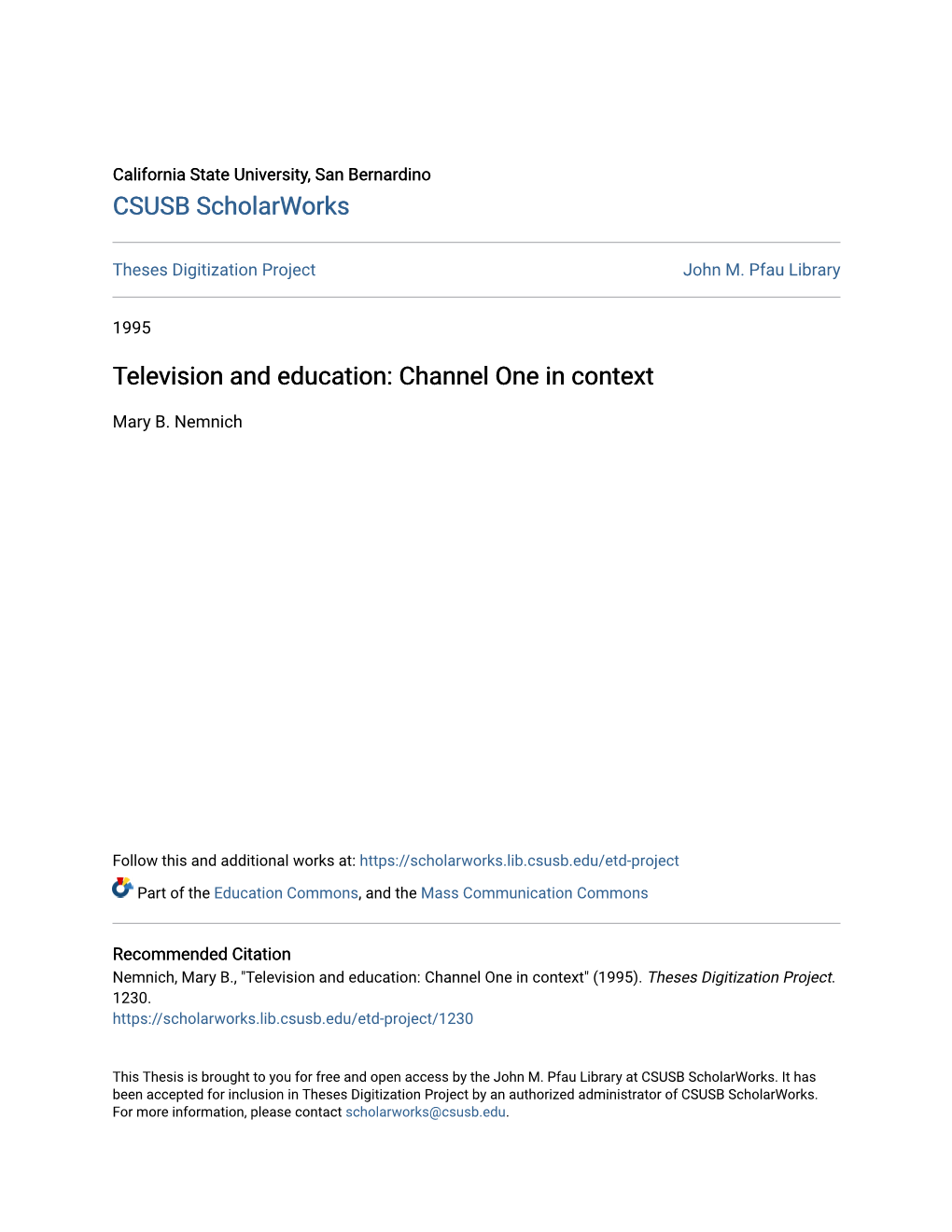 Television and Education: Channel One in Context