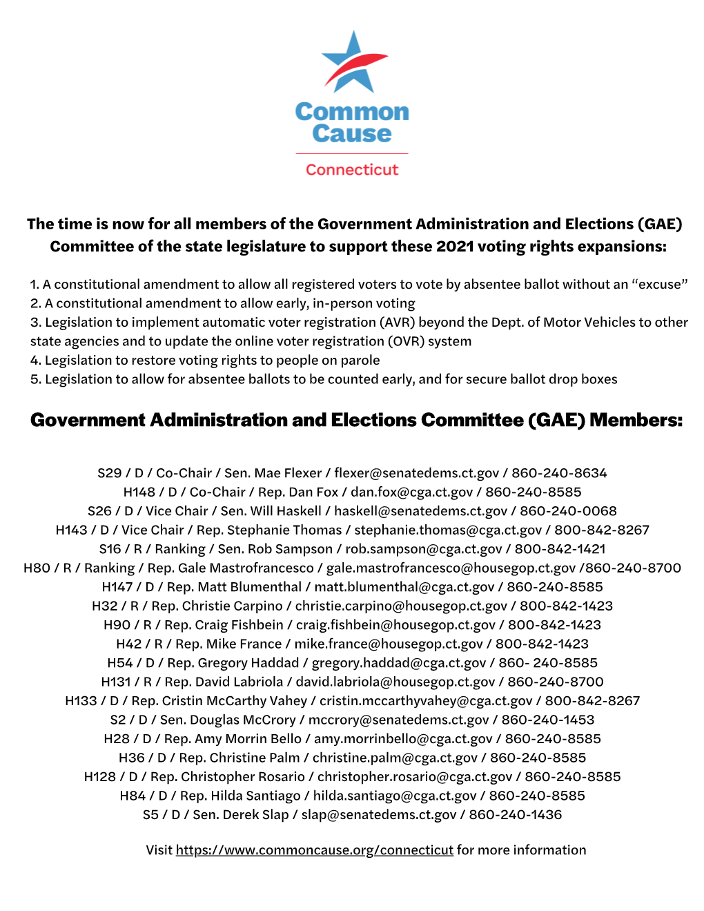 Government Administration and Elections (GAE) Committee of the State Legislature to Support These 2021 Voting Rights Expansions