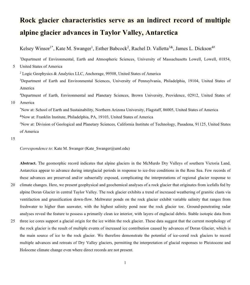 Rock Glacier Characteristics Serve As an Indirect Record of Multiple Alpine Glacier Advances in Taylor Valley, Antarctica