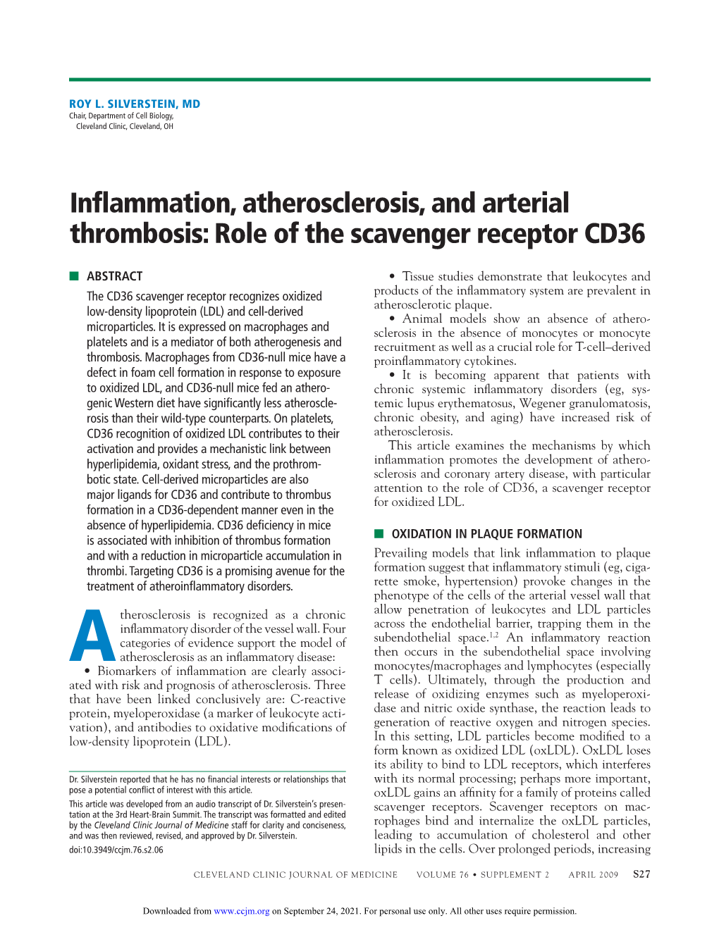 Inflammation, Atherosclerosis, and Arterial Thrombosis: Role of The