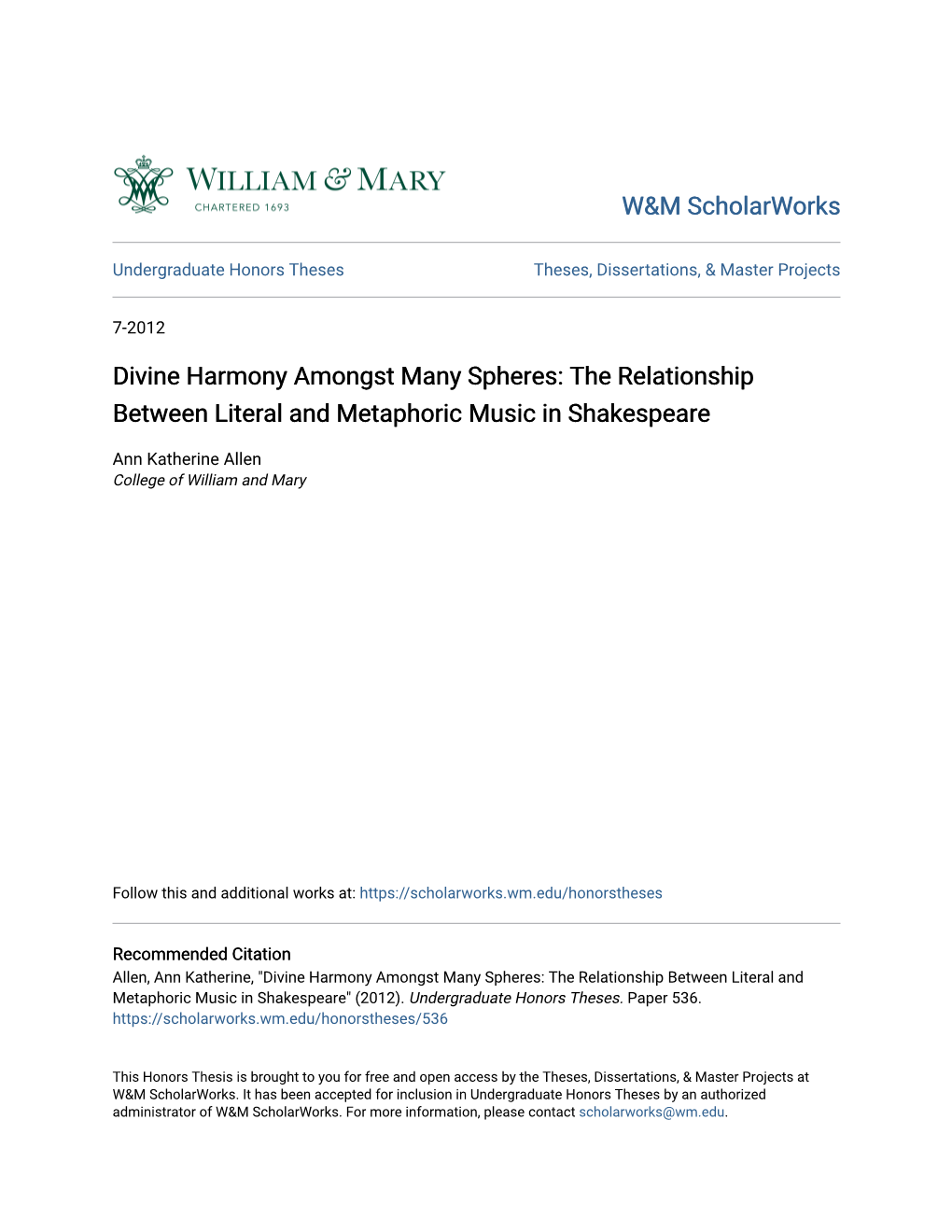 Divine Harmony Amongst Many Spheres: the Relationship Between Literal and Metaphoric Music in Shakespeare