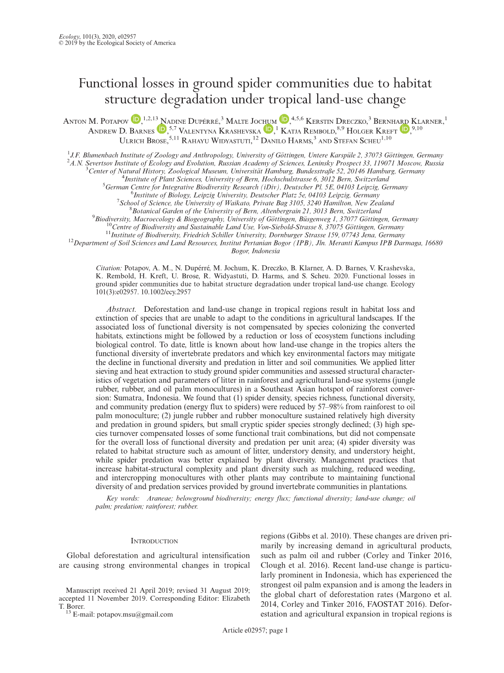 Functional Losses in Ground Spider Communities Due to Habitat Structure Degradation Under Tropical Land-Use Change