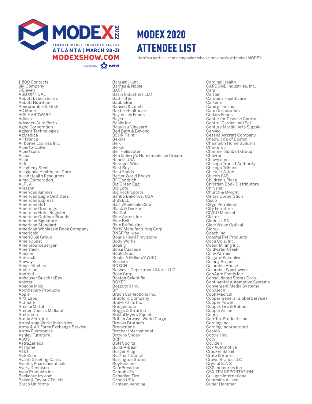 MODEX 2020 ATTENDEE LIST Here’S a Partial List of Companies Who’Ve Previously Attended MODEX