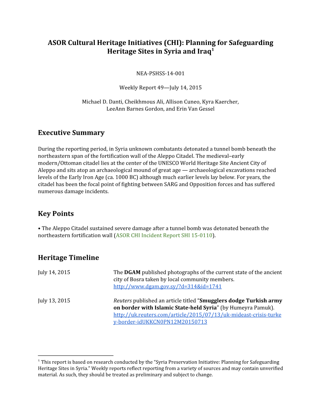 (CHI): Planning for Safeguarding Heritage Sites in Syria and Iraq1