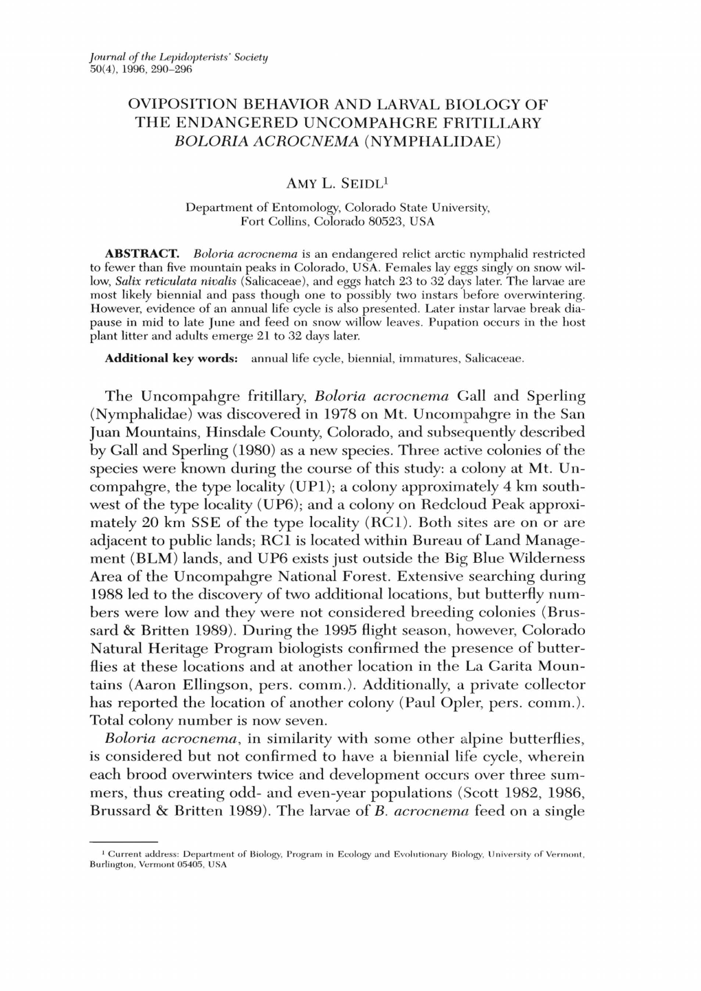 Oviposition Behavior and Larval Biology of the Endangered Uncompahgre Fritillary Boloria Acrocnema (Nymphalidae)