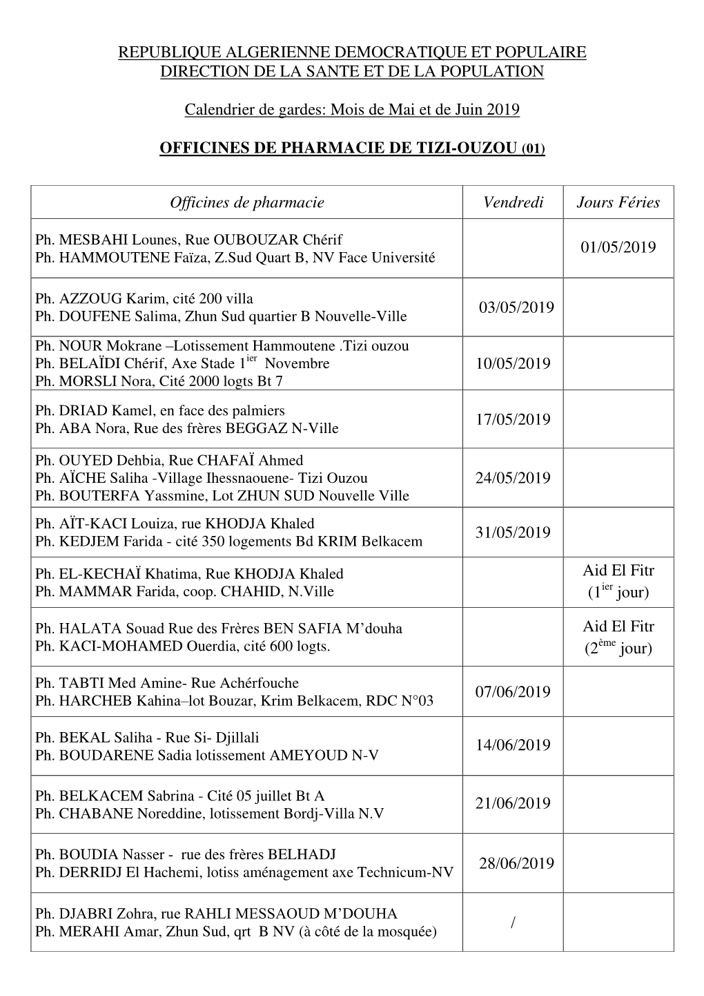 REPUBLIQUE ALGERIENNE DEMOCRATIQUE ET POPULAIRE DIRECTION DE LA SANTE ET DE LA POPULATION Calendrier De Gardes: Mois De Mai Et De Juin 2019