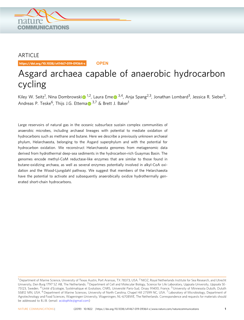 Asgard Archaea Capable of Anaerobic Hydrocarbon Cycling