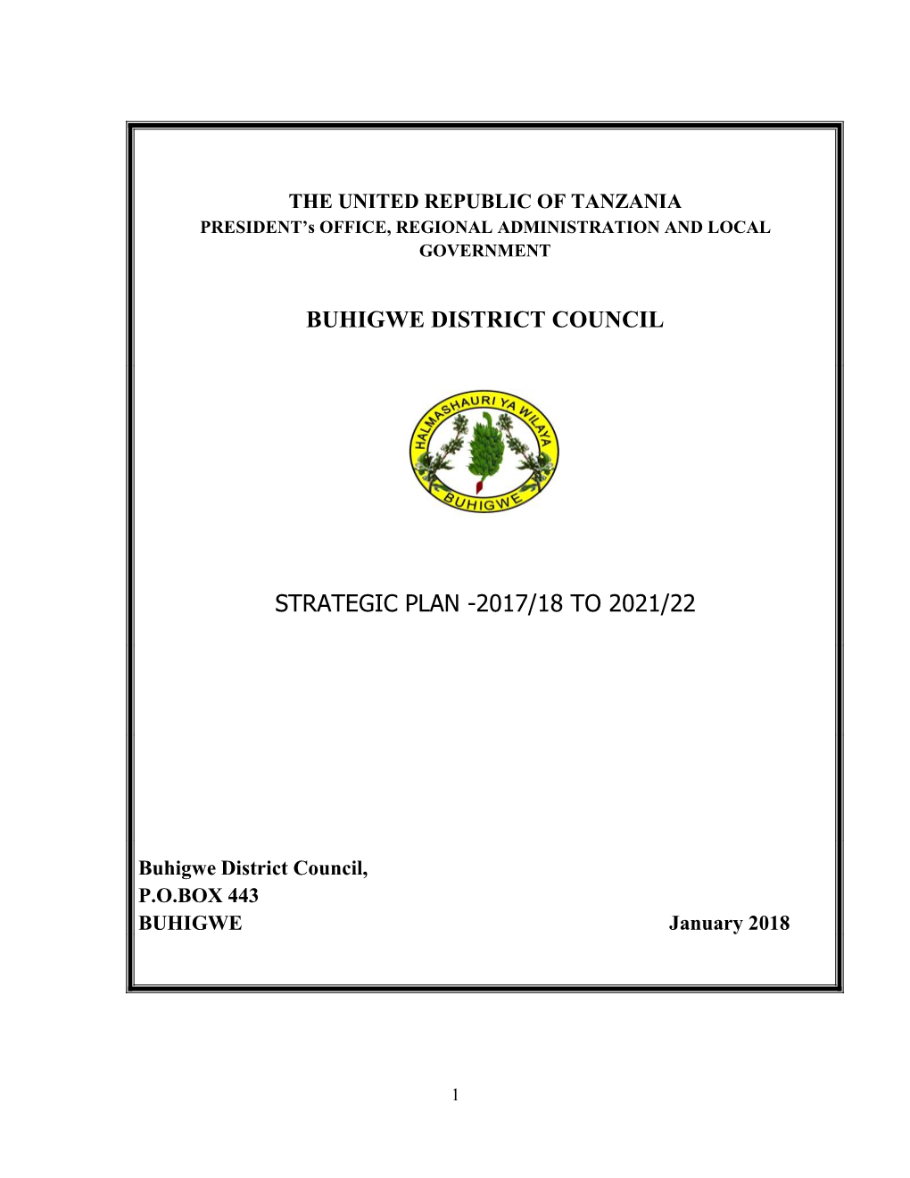 Buhigwe District Council Strategic Plan -2017/18 To