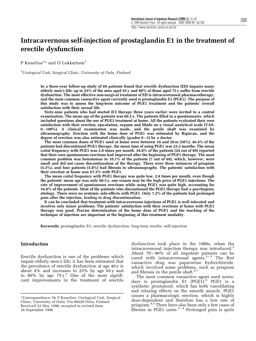 Intracavernous Self-Injection of Prostaglandin E1 in the Treatment of Erectile Dysfunction