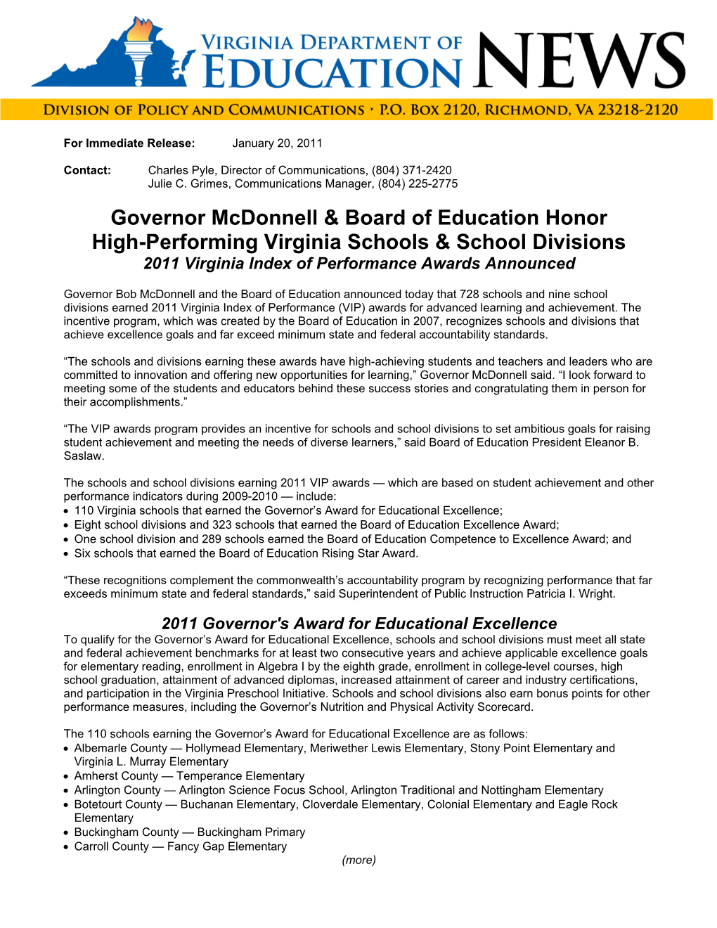 Governor Mcdonnell & Board of Education Honor High-Performing