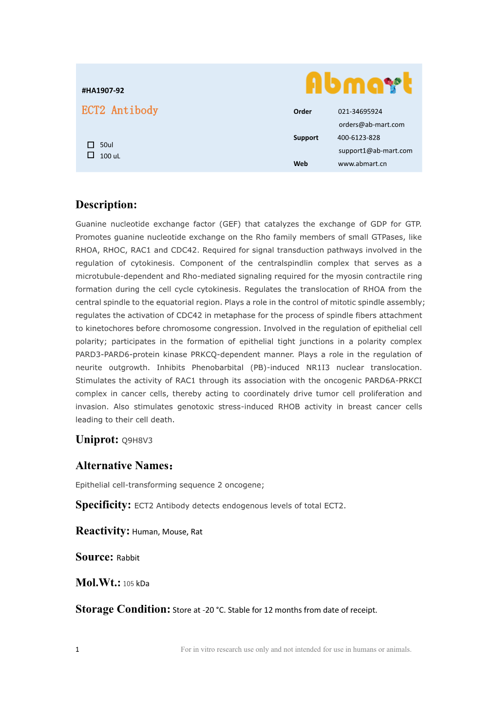 Rabbit Mol.Wt.:105 Kda ECT2 Antibody