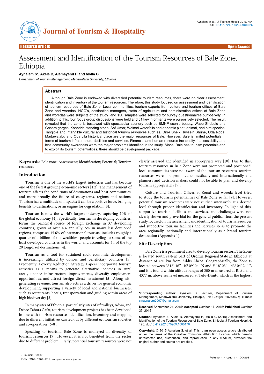 Assessment and Identification of the Tourism Resources of Bale Zone