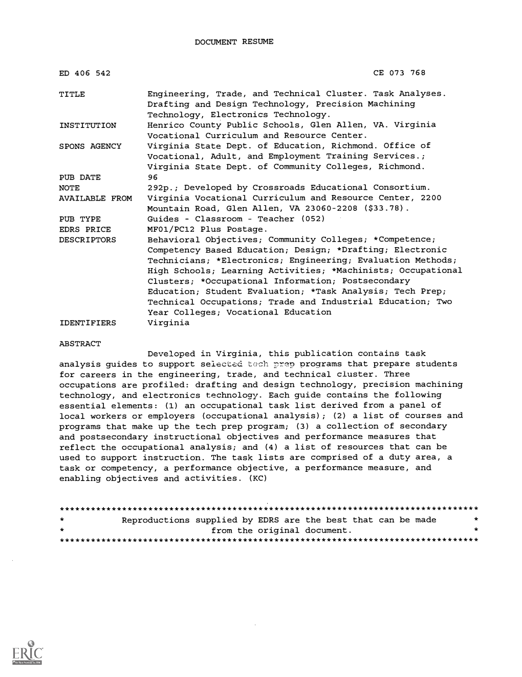 DOCUMENT RESUME Engineering, Trade, and Technical Cluster. Task
