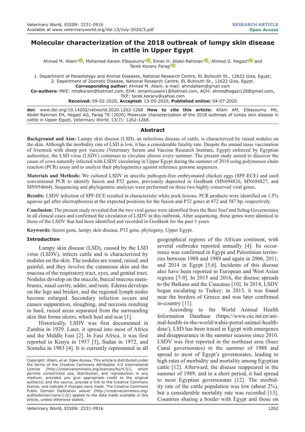 Molecular Characterization of the 2018 Outbreak of Lumpy Skin Disease in Cattle in Upper Egypt