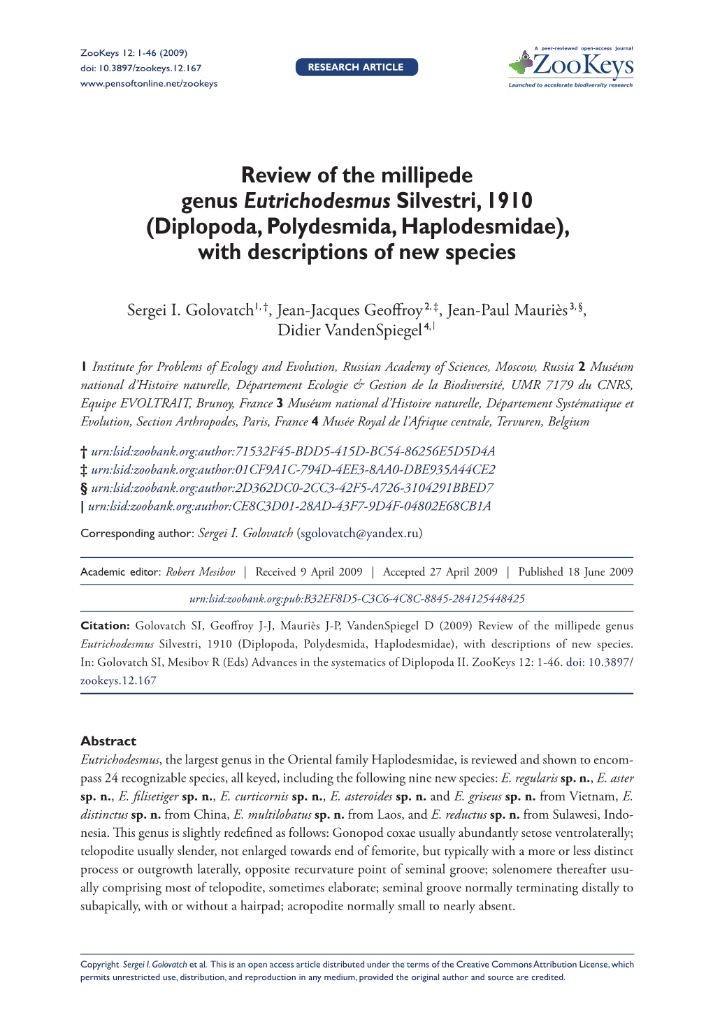 Review of the Millipede Genus Eutrichodesmus Silvestri, 1910 (Diplopoda, Polydesmida, Haplodesmidae), with Descriptions of New Species