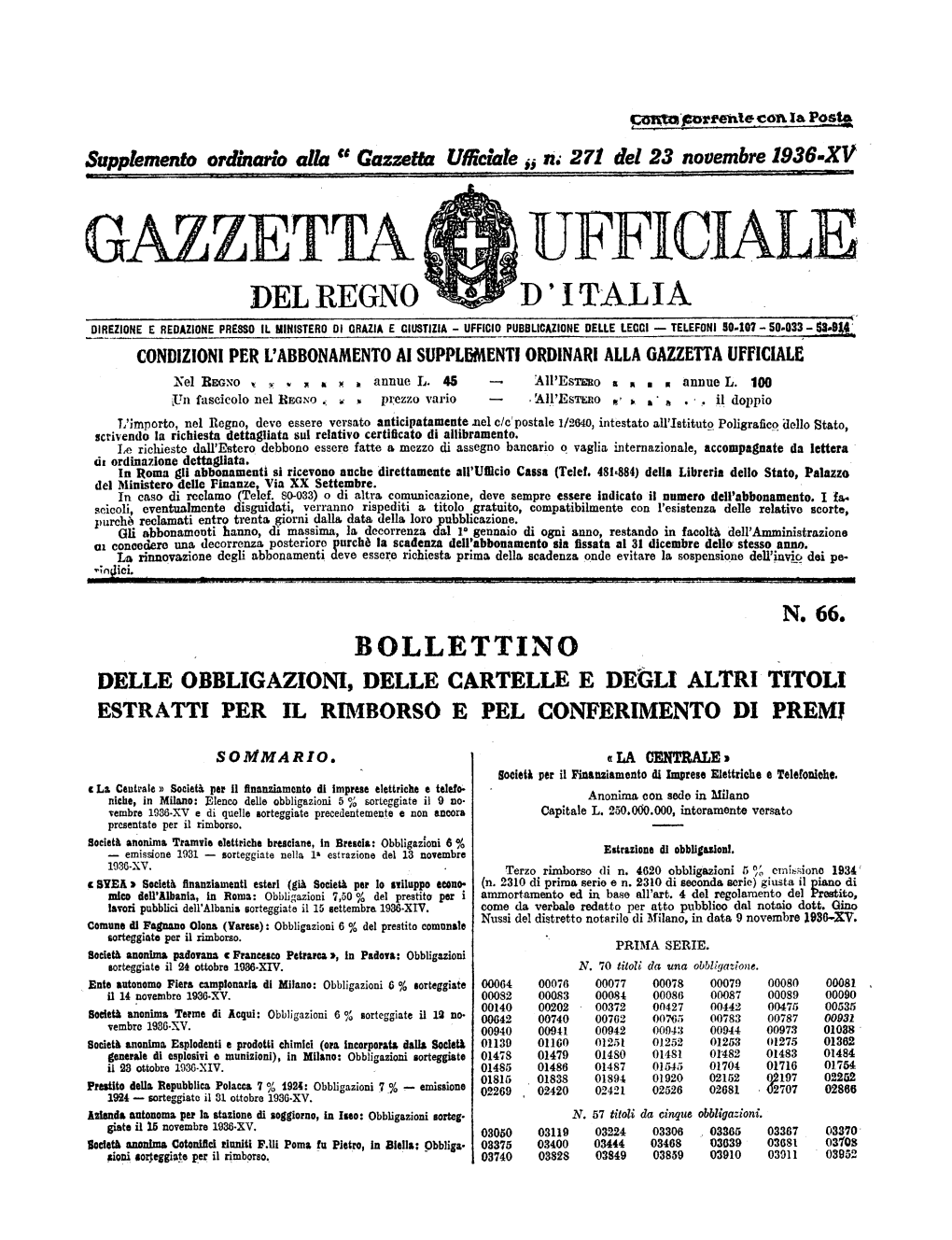 Gazzetta Ufficiale Del Regno D'italia N. 271 Del 23 Novembre 1936