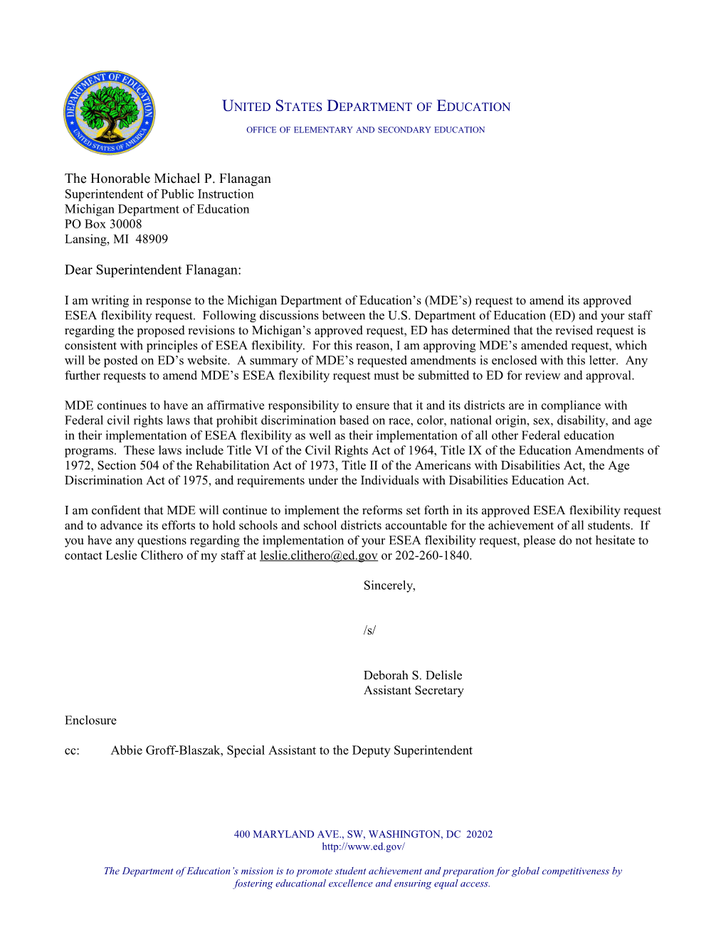 Michigan ESEA Flexibility Amendment Determination Letter