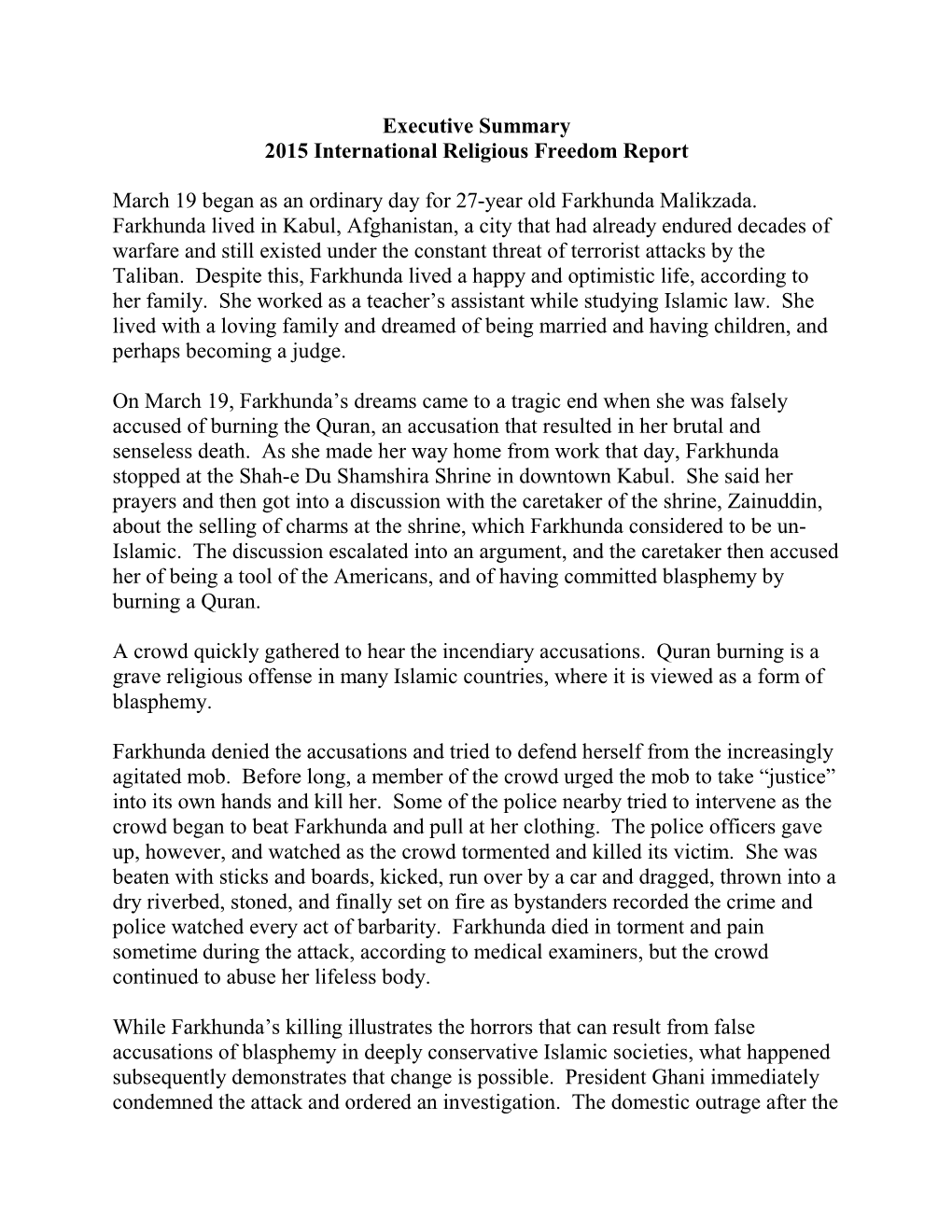 Executive Summary for the 2015 International Religious Freedom Report