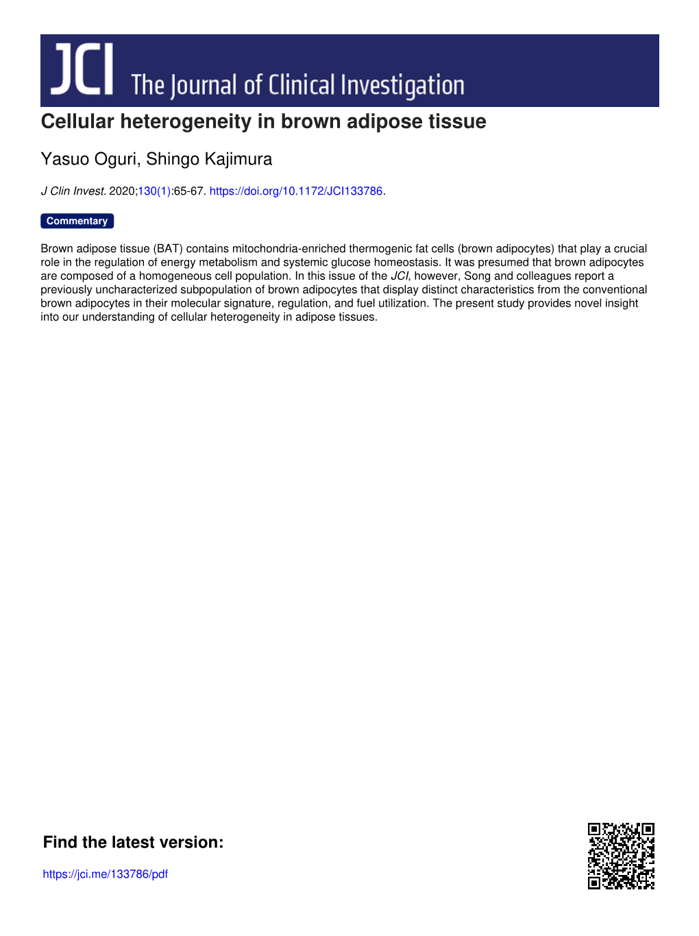 Cellular Heterogeneity in Brown Adipose Tissue