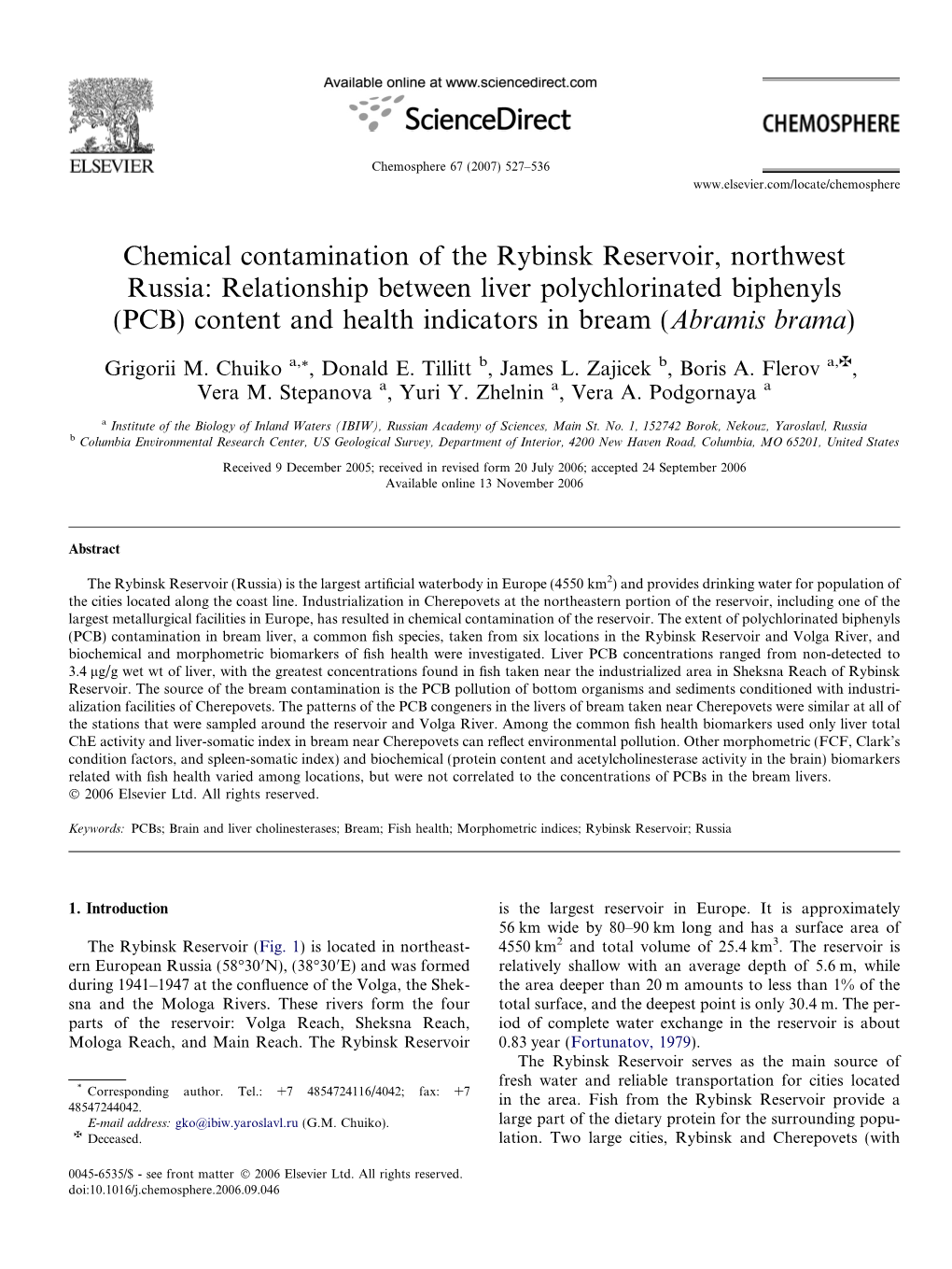 Chemical Contamination of the Rybinsk Reservoir