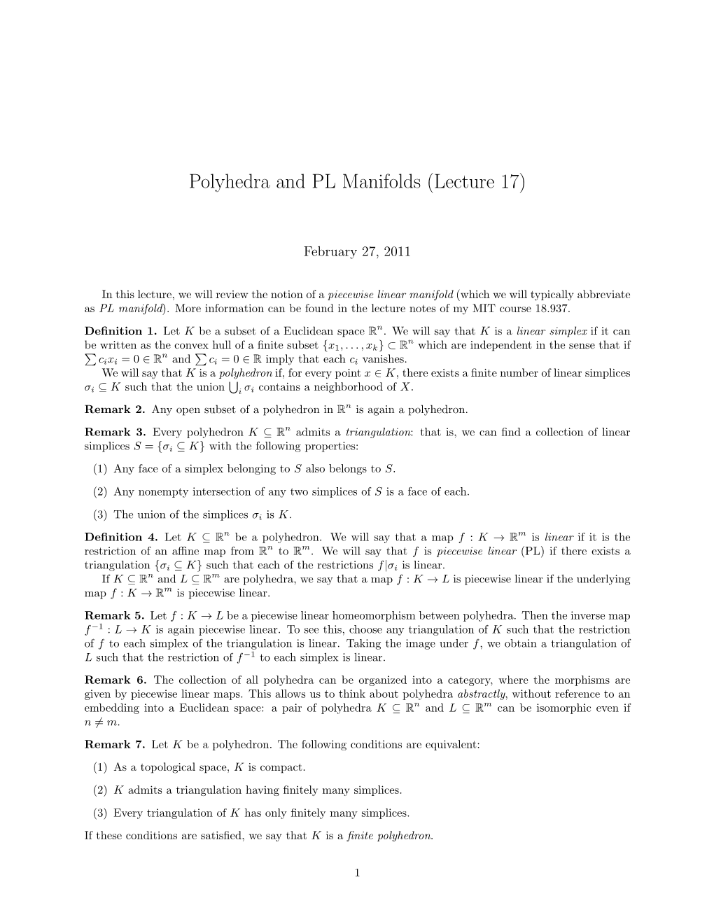 Polyhedra and PL Manifolds (Lecture 17)