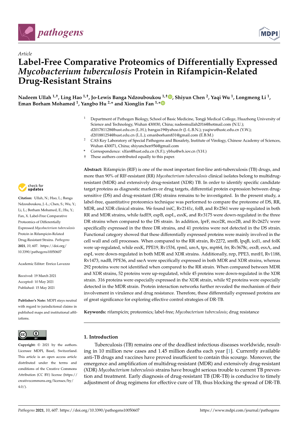 Label-Free Comparative Proteomics of Differentially Expressed Mycobacterium Tuberculosis Protein in Rifampicin-Related Drug-Resistant Strains