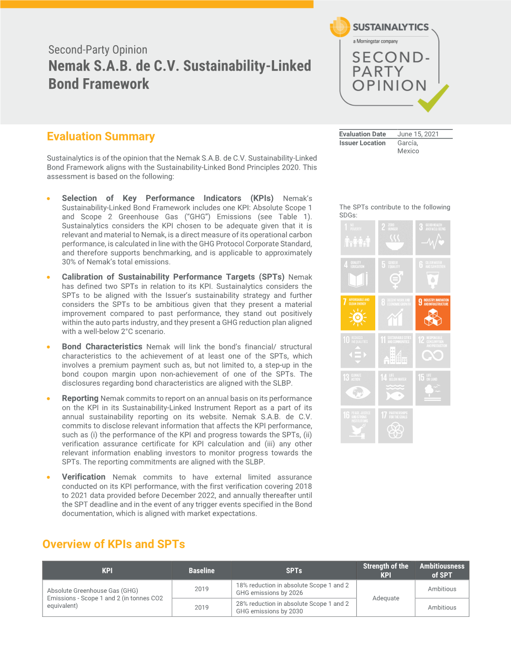 Nemak S.A.B. De C.V. Sustainability-Linked Bond Framework