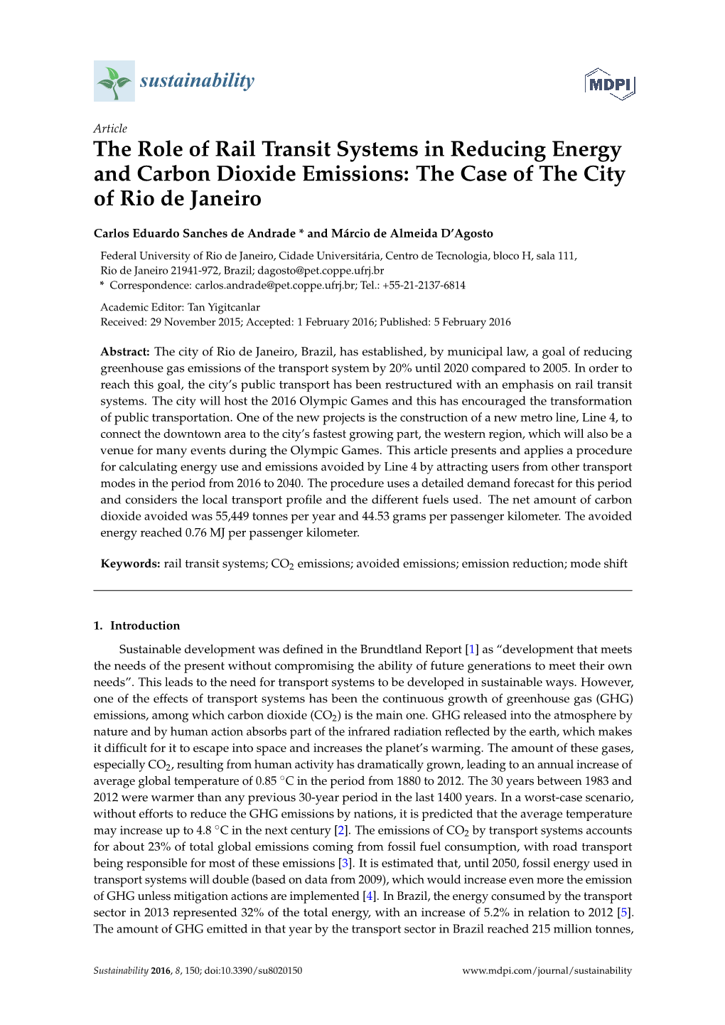 The Role of Rail Transit Systems in Reducing Energy and Carbon Dioxide Emissions: the Case of the City of Rio De Janeiro
