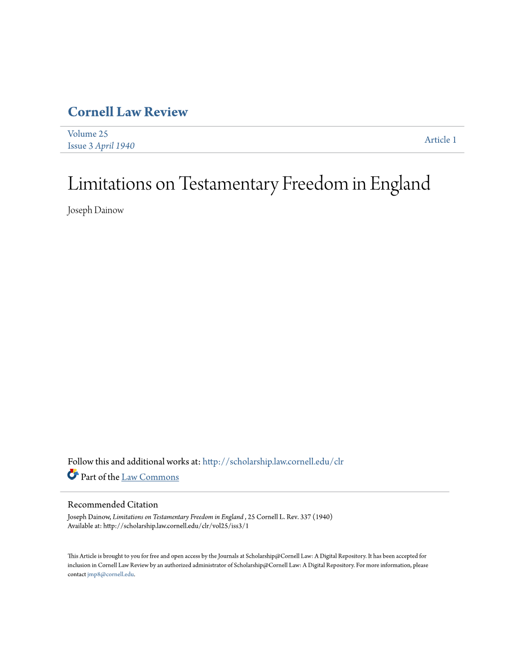 Limitations on Testamentary Freedom in England Joseph Dainow