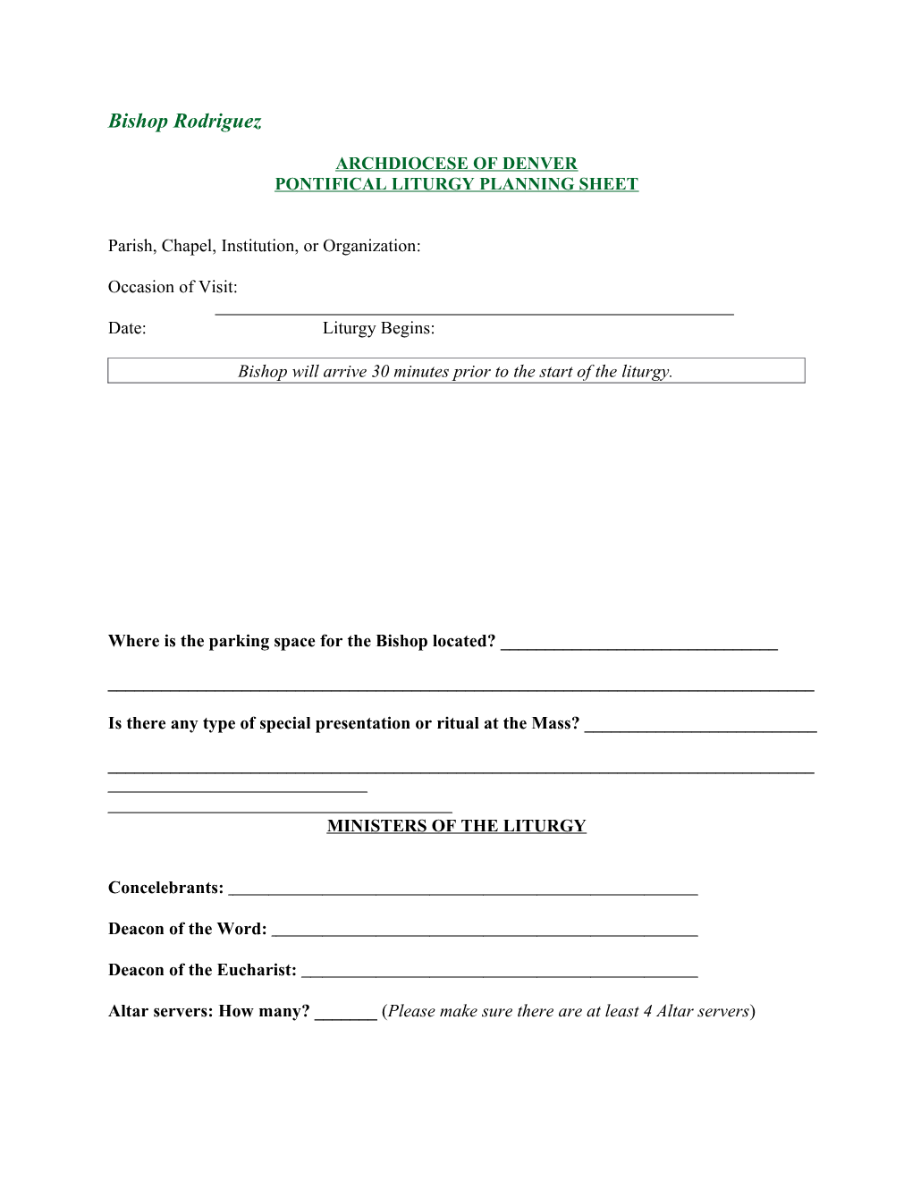 Pontifical Liturgy Planning Sheet