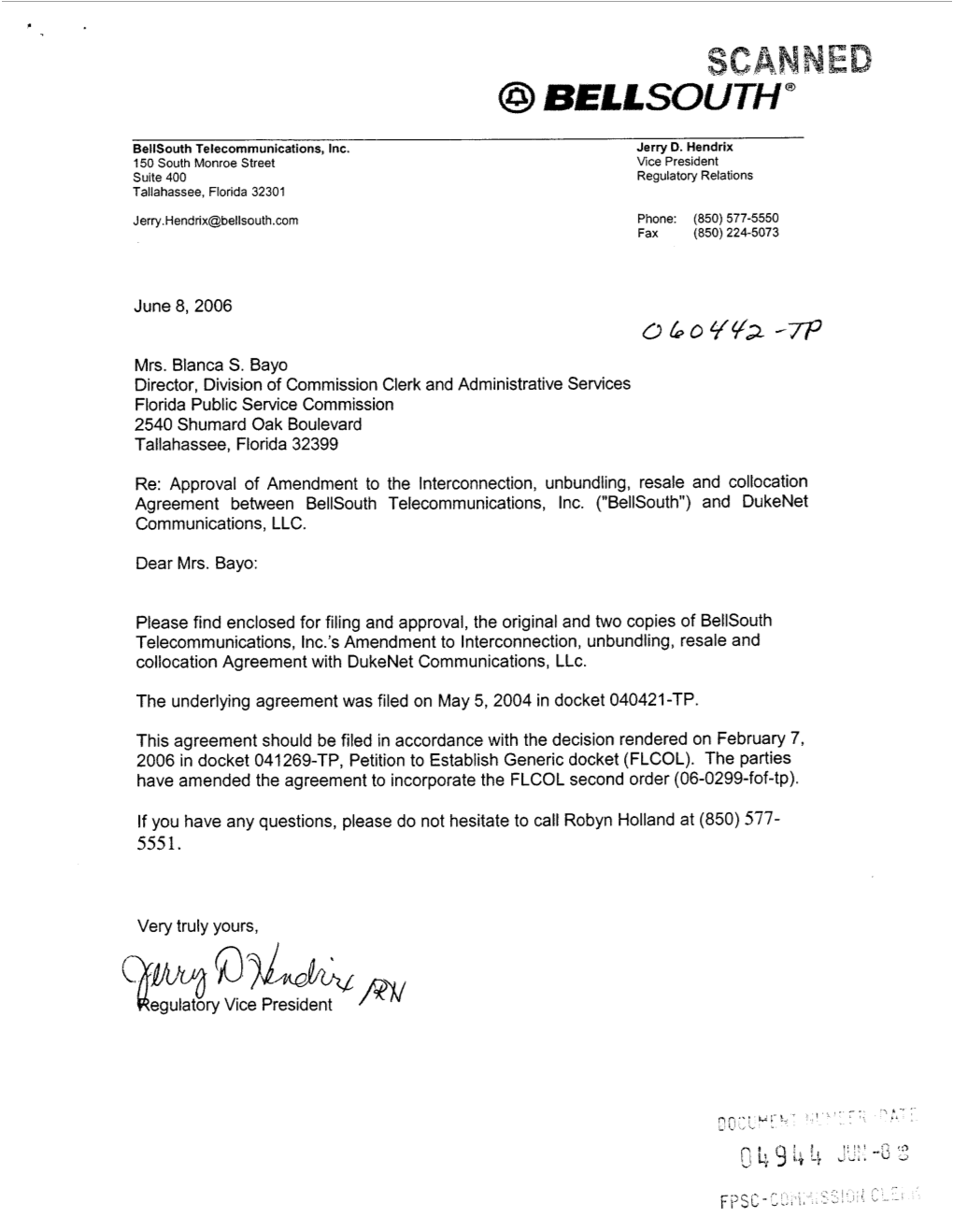 Qww~-/P?Uegulatory Vice President Amendment to the Agreement Between Dukenet Communications, LLC and Bellsouth Telecommunications, Inc