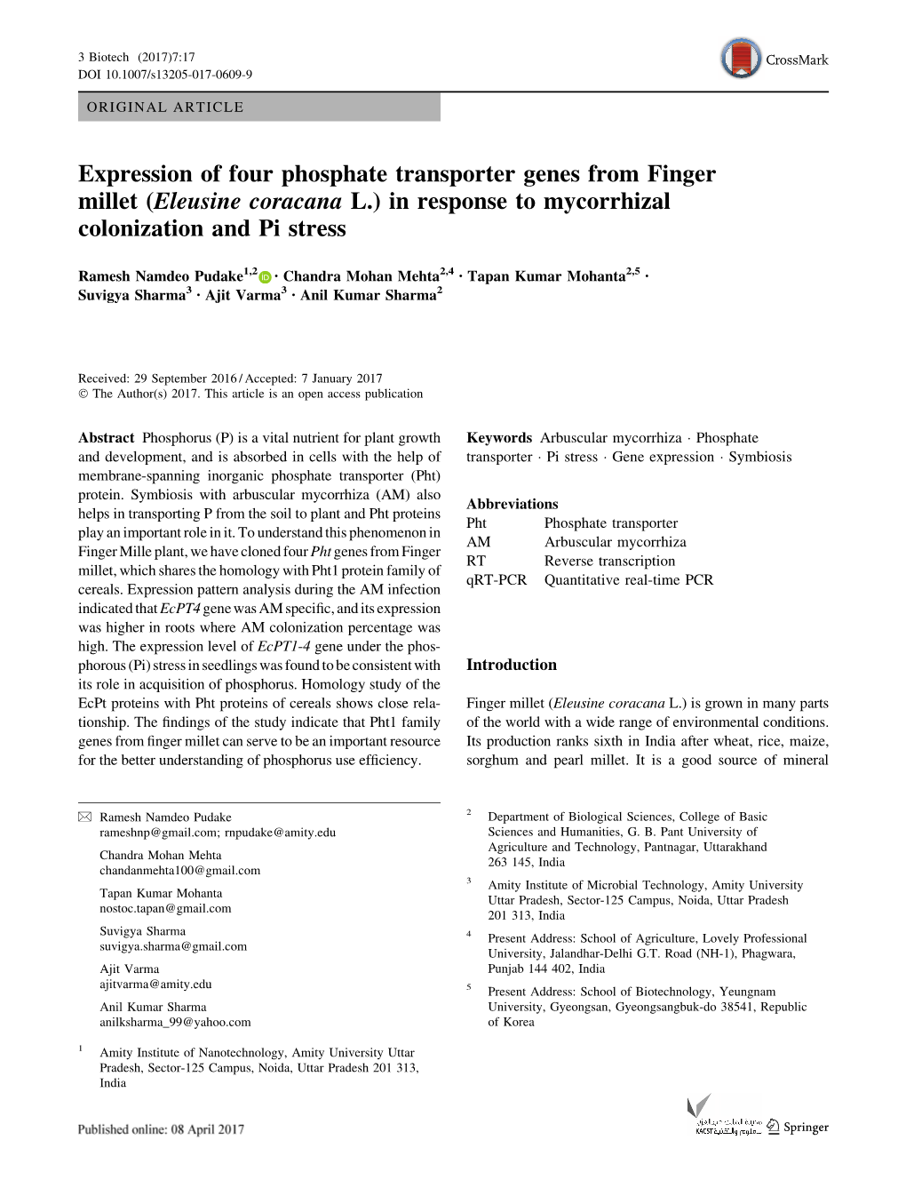 Expression of Four Phosphate Transporter Genes from Finger Millet (Eleusine Coracana L.) in Response to Mycorrhizal Colonization and Pi Stress