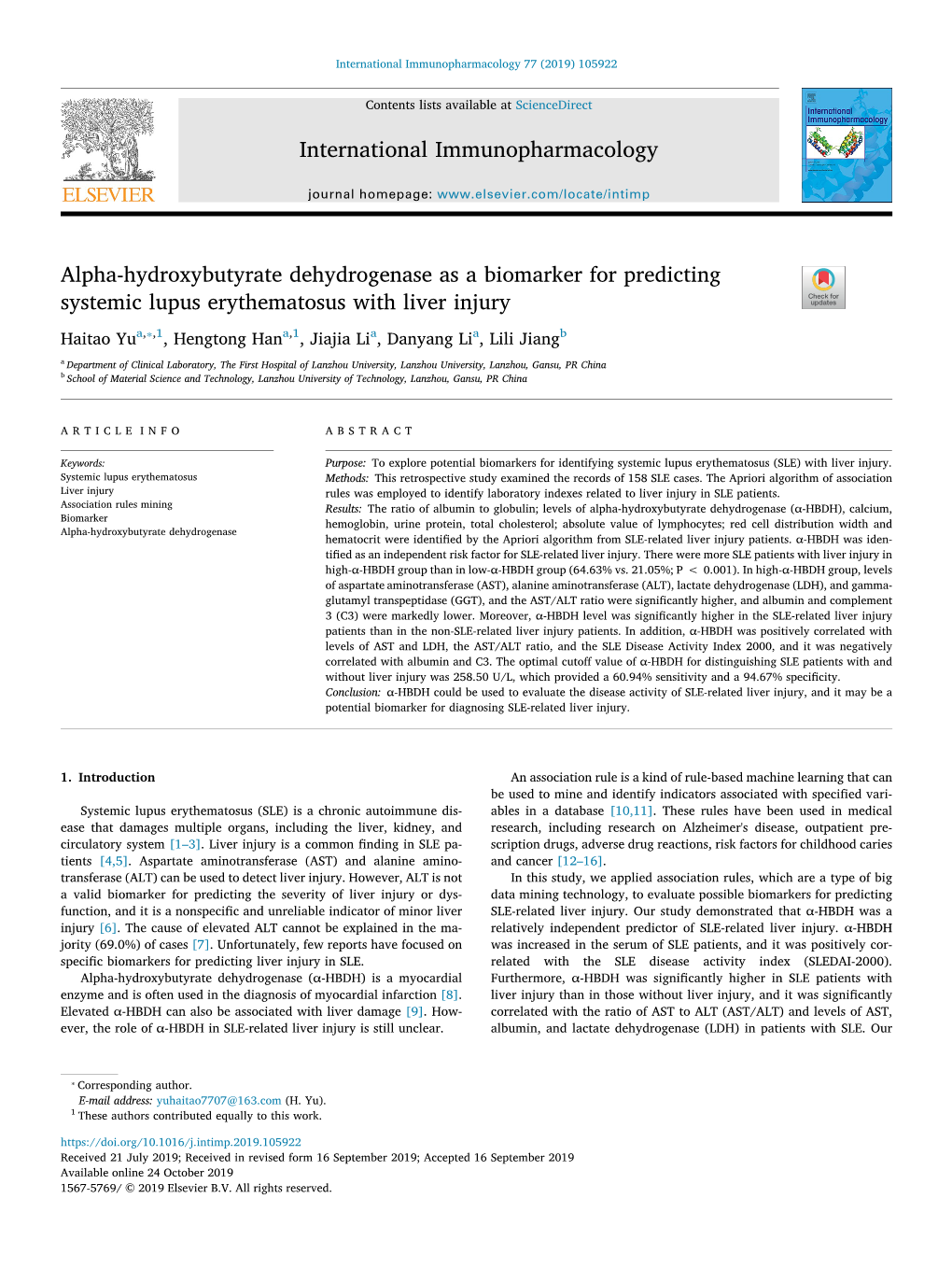 Alpha-Hydroxybutyrate Dehydrogenase As a Biomarker For