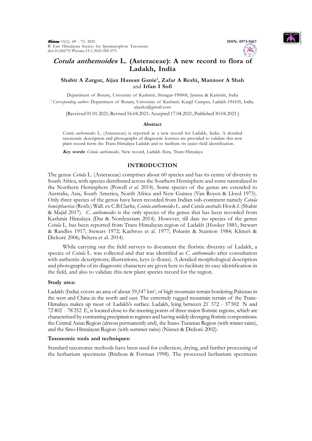 Cotula Anthemoides L. (Asteraceae): a New Record to Flora of Ladakh, India