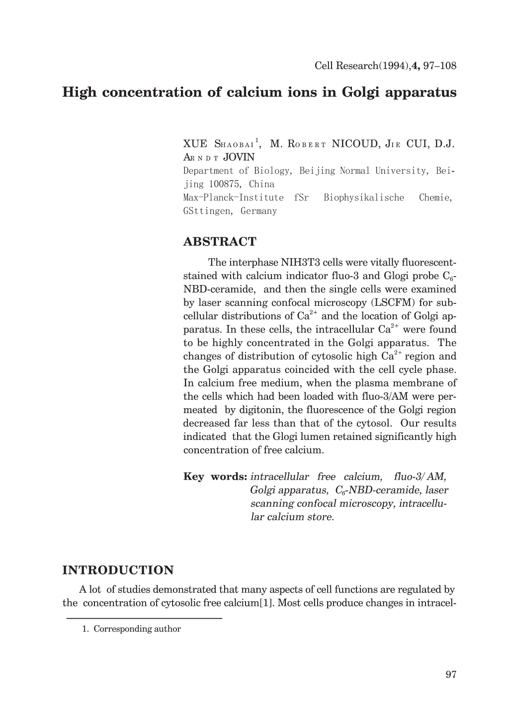 High Concentration of Calcium Ions in Golgi Apparatus