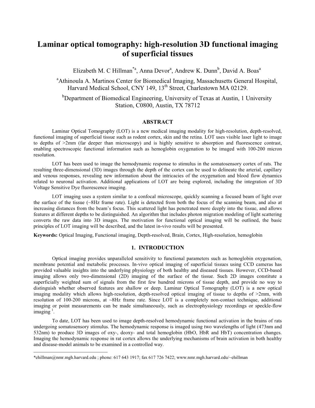 Laminar Optical Tomography: High-Resolution 3D Functional Imaging of Superficial Tissues