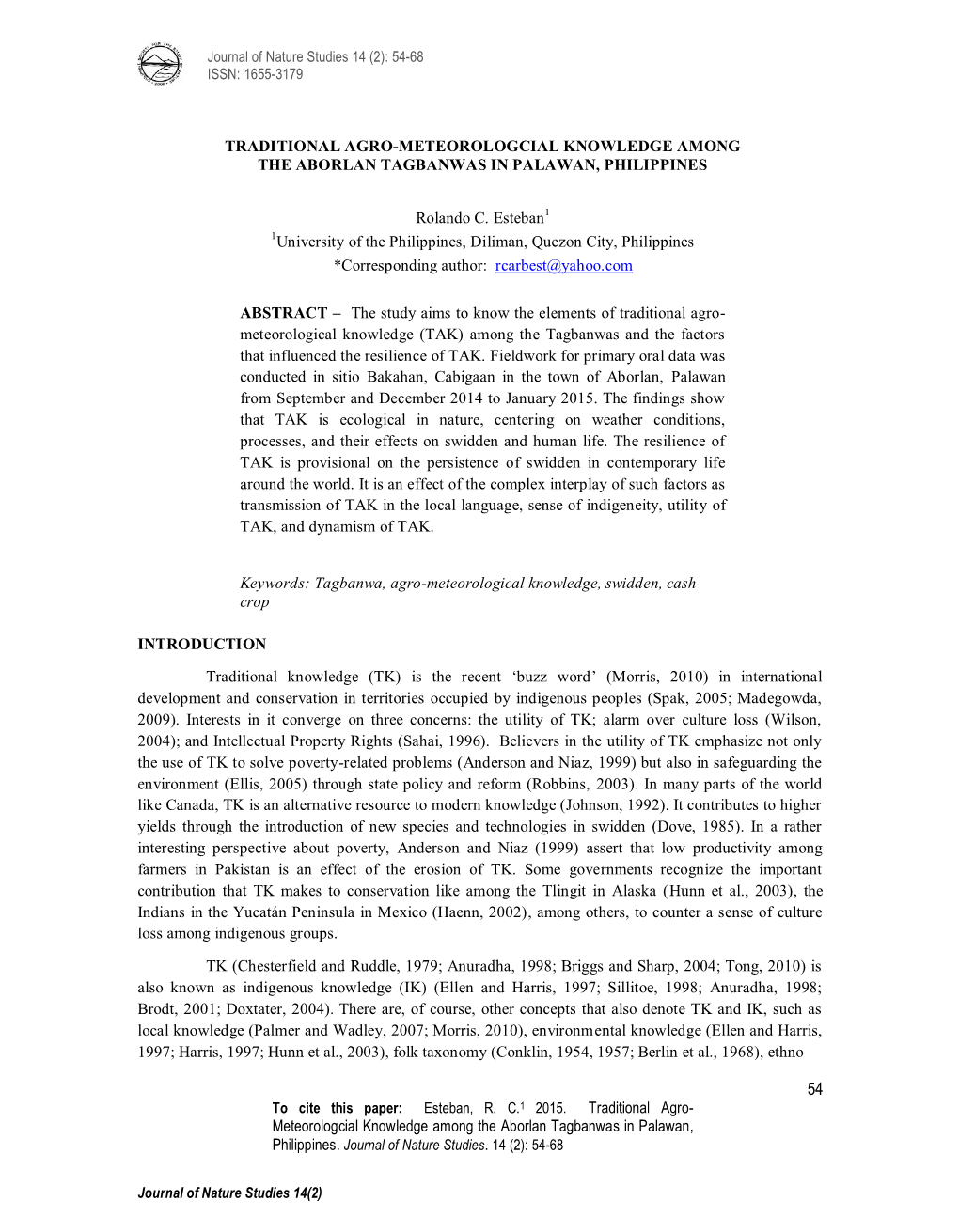 Traditional Agro-Meteorologcial Knowledge Among the Aborlan Tagbanwas in Palawan, Philippines