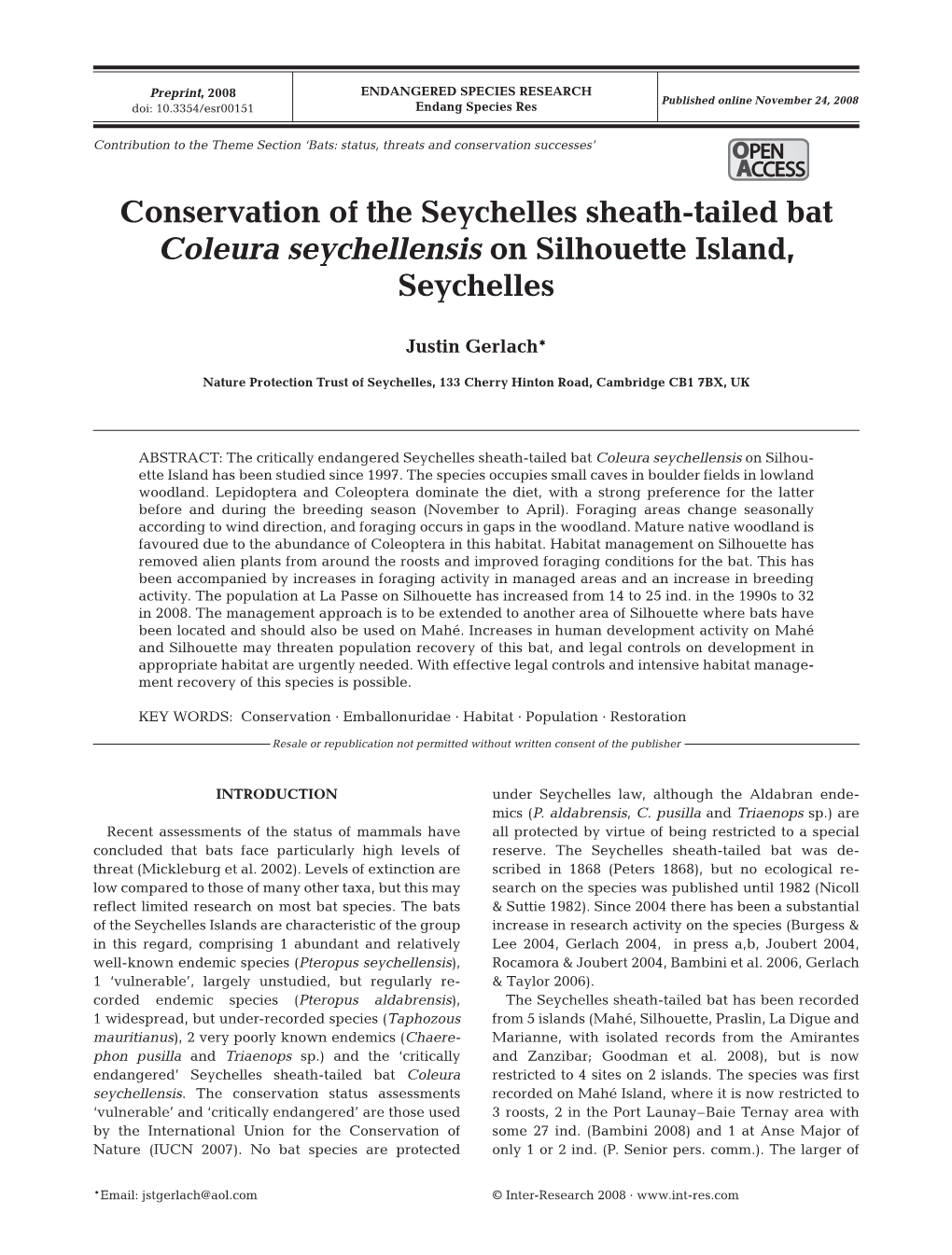 Status and Conservation of the Seychelles Sheath-Tailed Bat Coleura Seychellensis on Silhouette Island, Seychelles