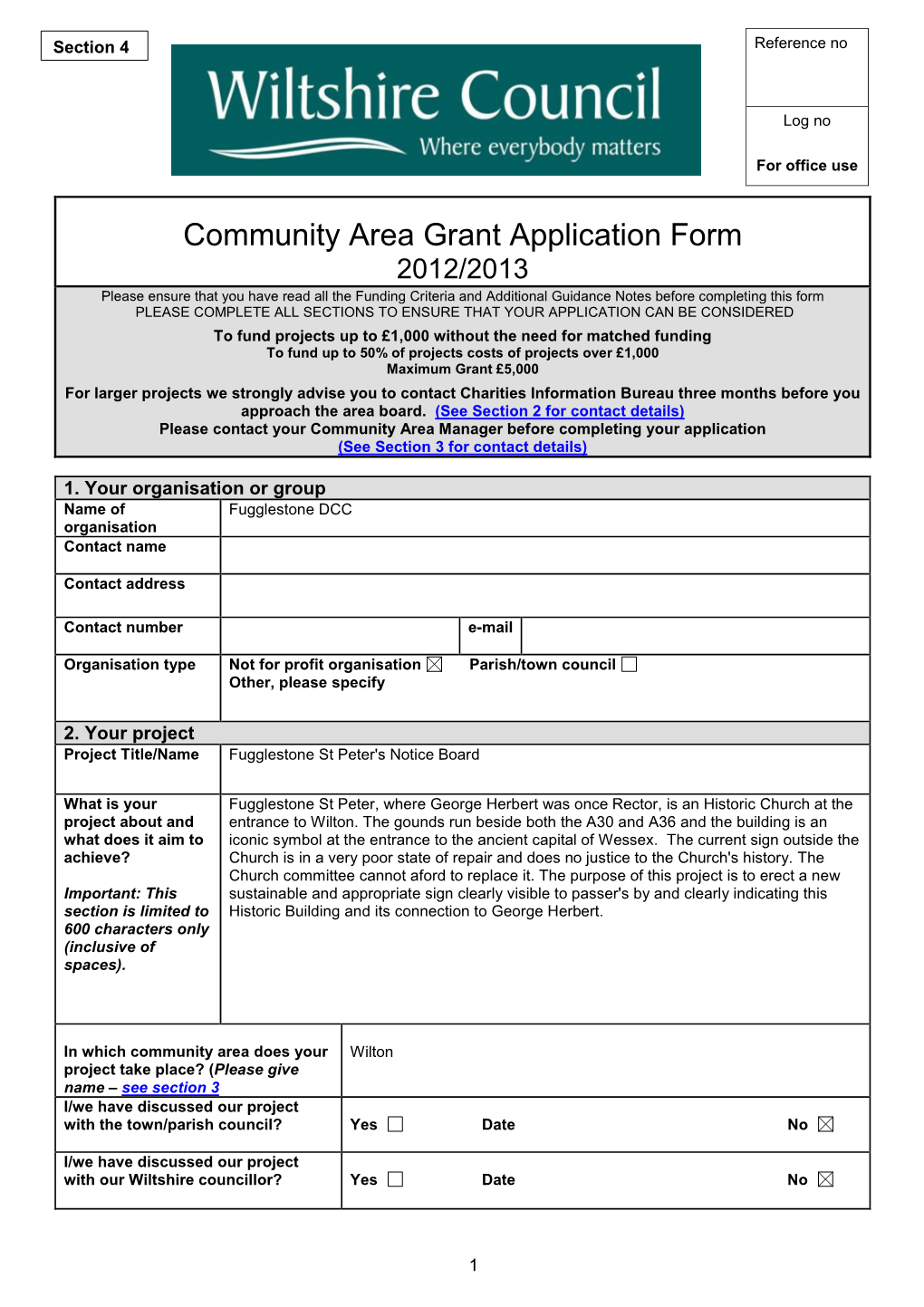 Community Area Grant Application Form