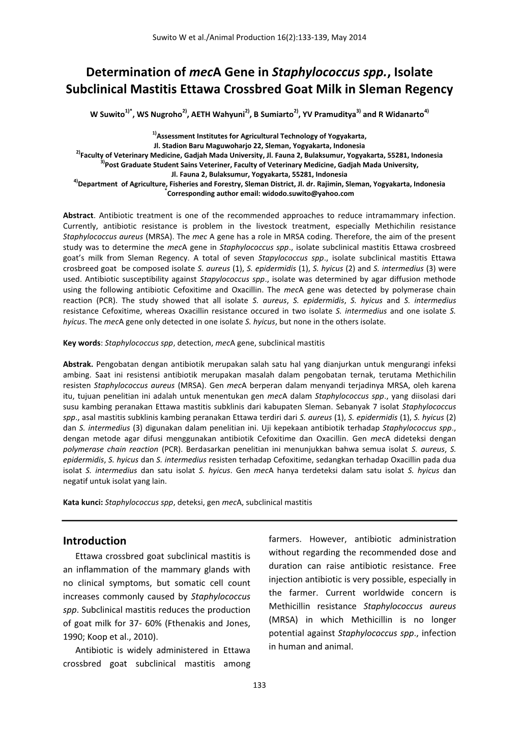 Determination of Meca Gene in Staphylococcus Spp., Isolate Subclinical Mastitis Ettawa Crossbred Goat Milk in Sleman Regency