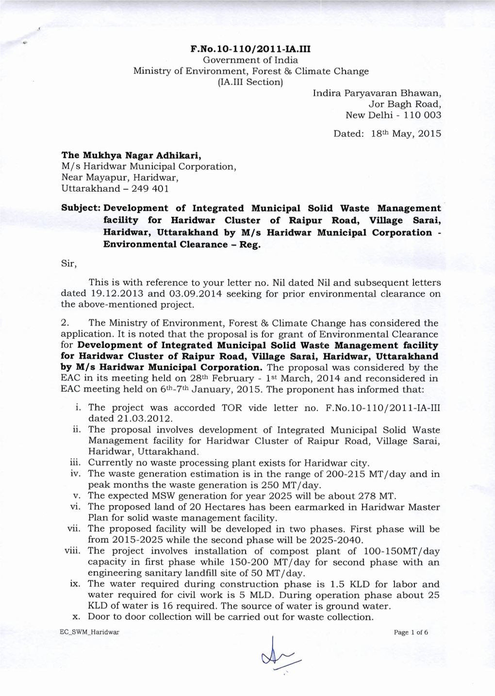 F.No.10-110/2011-IA.III Government of India Ministry Ofenvironment, Forest & Climate Change (IA.Iiisection) Indira Paryavara