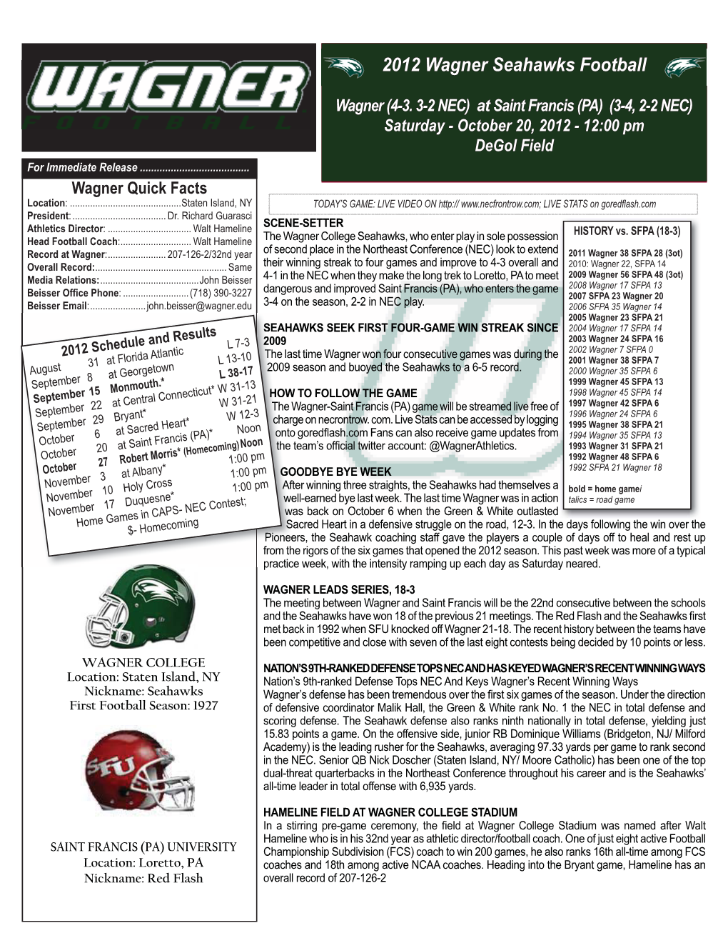 2012 Wagner Seahawks Football Depth Chart - Vs